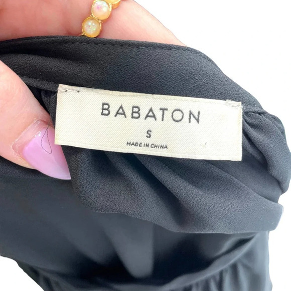 Aritzia Babaton Blouse Top Button Down Collarless Long Sleeve Satin Black Small - Picture 7 of 9